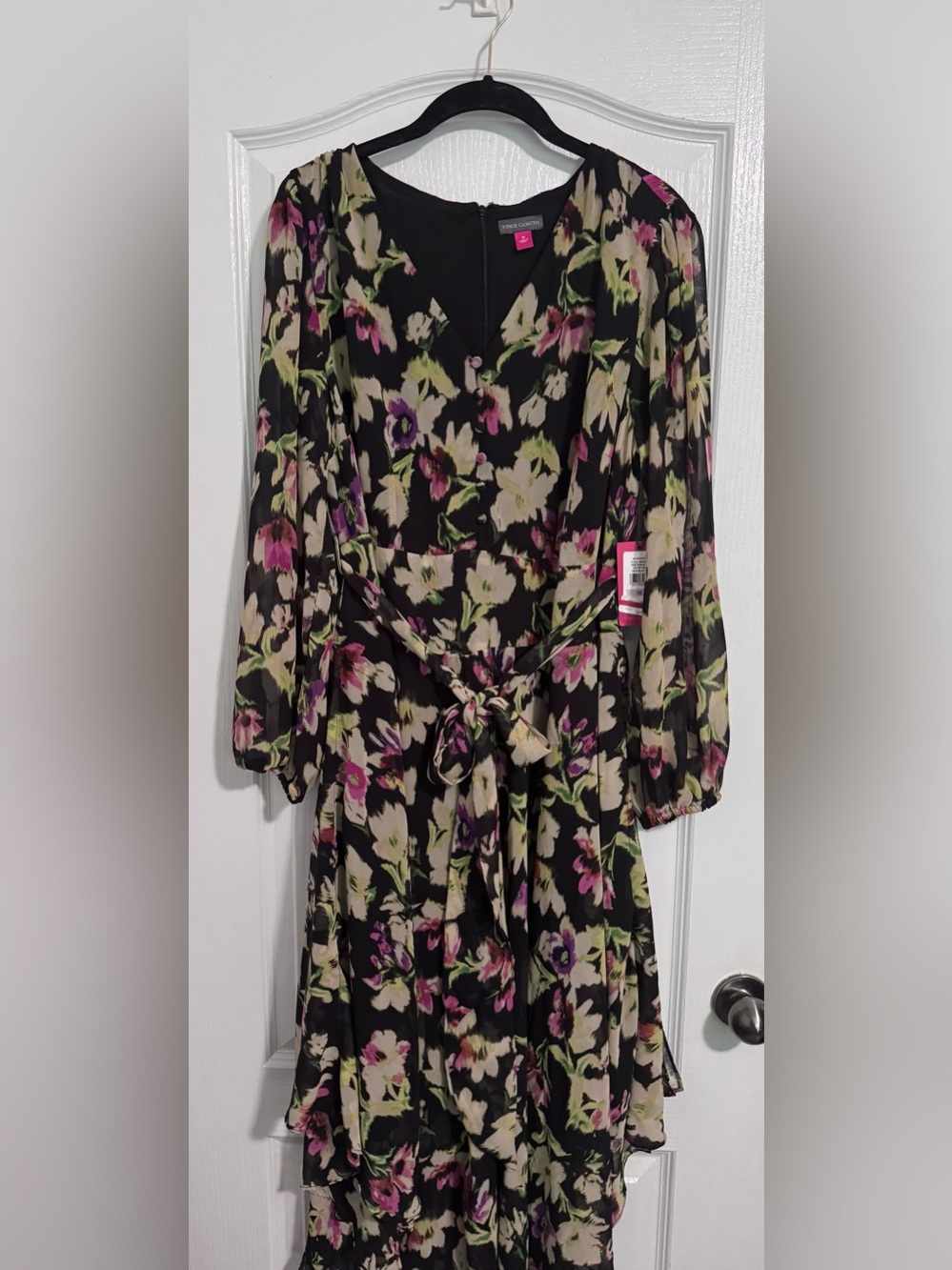 Vince Camuto 1X V-neck Floral  Dress with Sheer Sleeves, asymmetrical hem.